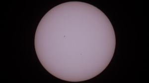 2016-05-09 Mercury transit of the Sun with sunspots in white lig